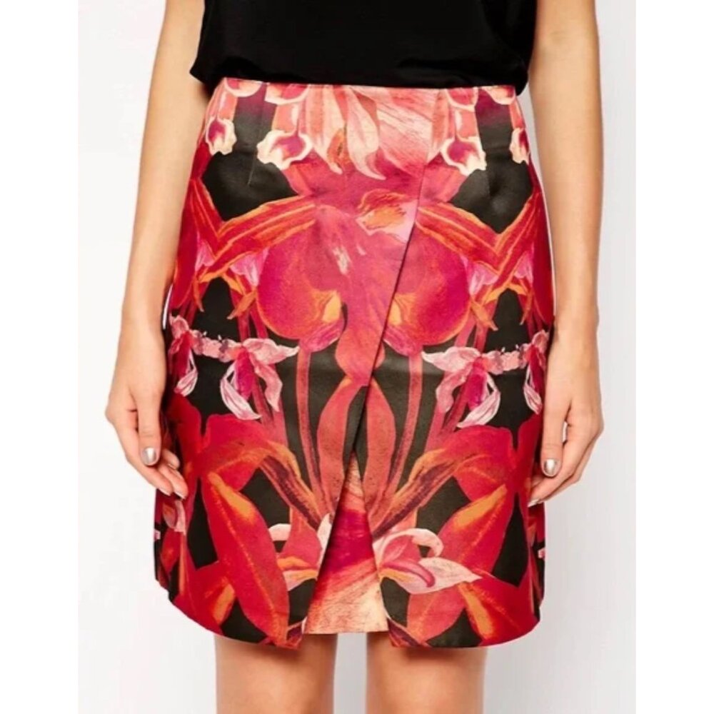 Ted Baker Floral Red and Pink Satin A-Line Above the Knee Skirt Women's Sz Small